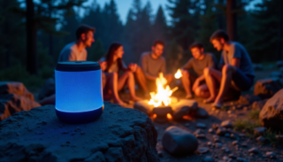 A glowing speaker by the campfire, adding to a cozy night outdoors.