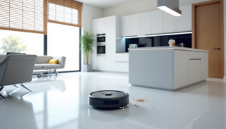 A robotic vacuum cleaner maintaining a sleek, modern kitchen.