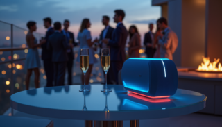 Featuring a stylish speaker during a social rooftop gathering.