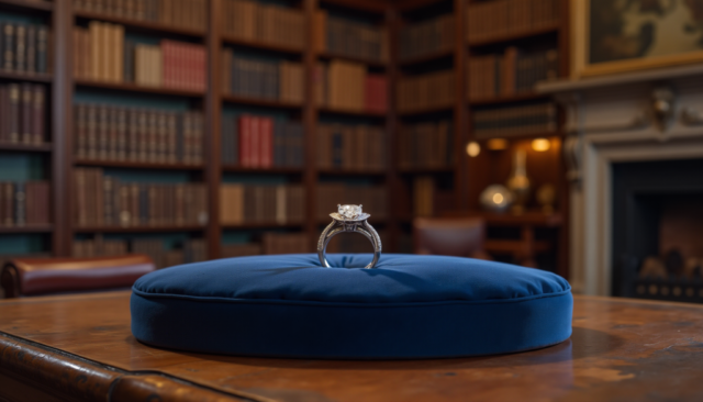 A ring elegantly displayed in a classic library setting.