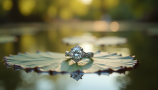 A ring delicately placed on a lily pad, blending nature and romance.