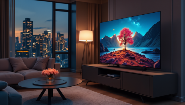 A high-end LED TV in a stylish, modern interior.