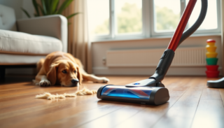 A vacuum cleaner with a relaxed pet in a cozy home.