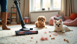 A vacuum cleaner with a relaxed pet in a cozy home.